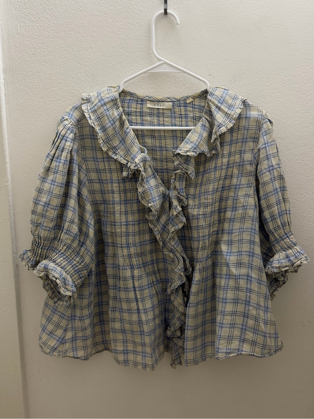 Dôen 100% Ramie Henri Top in Blue Meadowlark Plaid